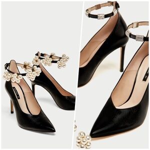 💎 ZARA Black Leather Court Shoes Beaded Ankle Strap Heels